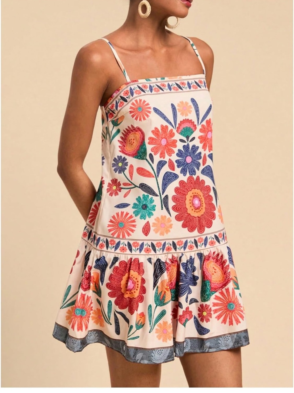 Women's Floral Boho Flowy Mini Cami Dress Ruffle Hem Tank Dress Size Small